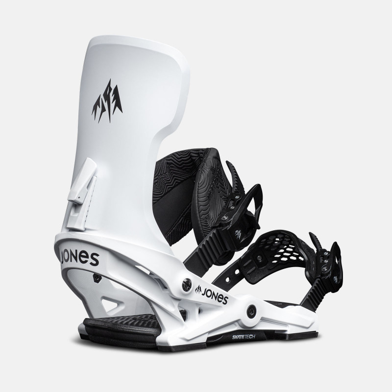 Jones Meteorite Snowboard Bindings featuring SkateTech, shown in white color, quarter back view