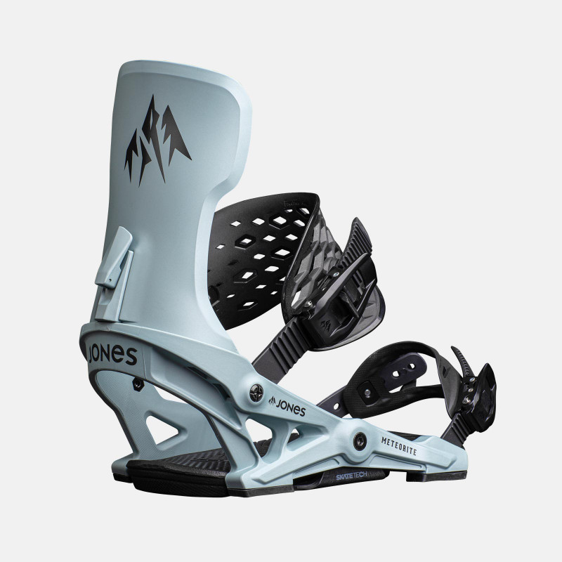 Jones Meteorite Snowboard Bindings featuring SkateTech, shown in Frosty Blue color, quarter back view