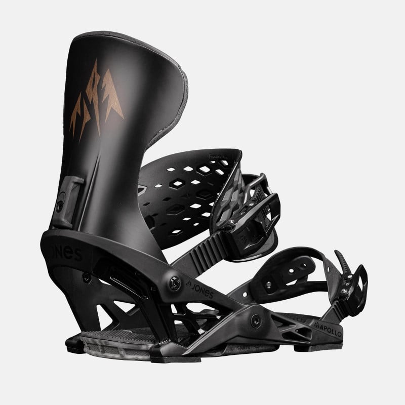 Jones Apollo Snowboard Bindings featuring SkateTech, shown in black, quarter back view