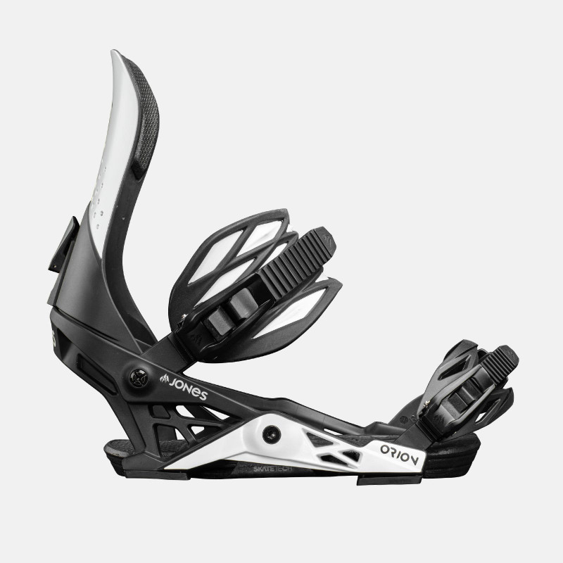 Jones Orion Snowboard Bindings featuring SkateTech, shown in White/Black color, side view