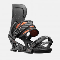 Jones Orion Snowboard Bindings featuring SkateTech, art collaboration with RP Roberts, quarter front view