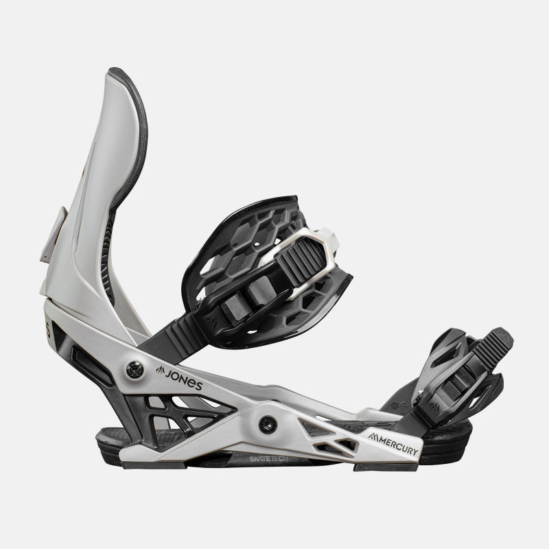 Jones Mercury Snowboard Bindings featuring SkateTech, shown in Earth Gray color, side view