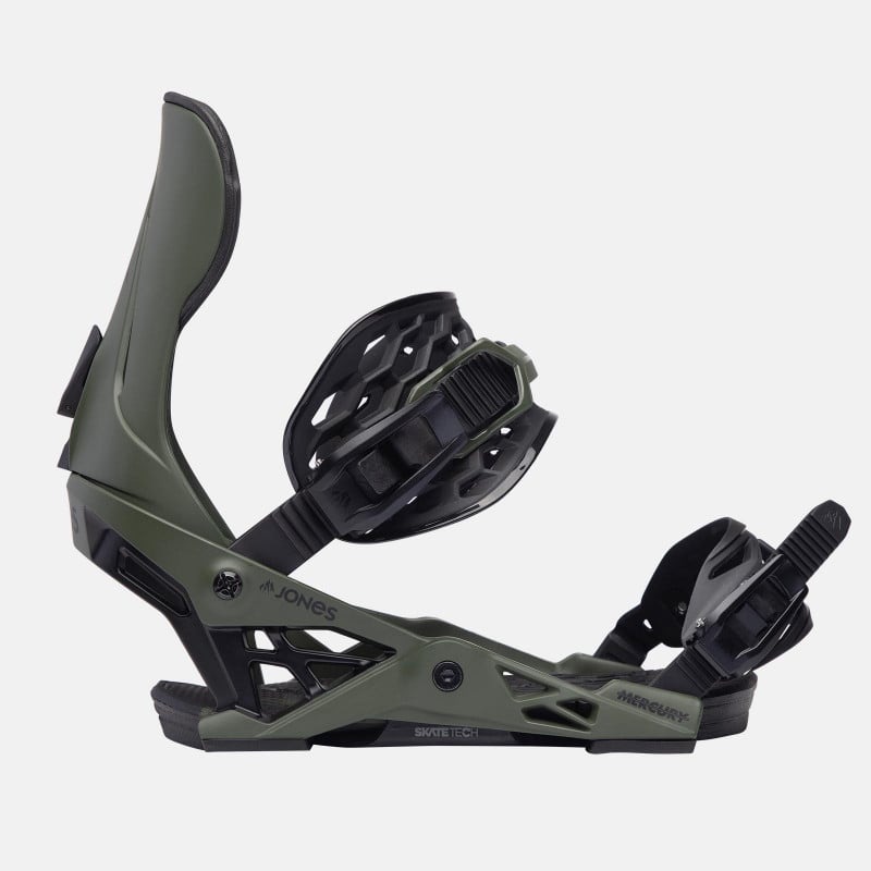 Men's Mercury Snowboard Binding, featuring SkateTech, in Pine Green, side view.